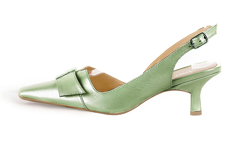 Mint green women's slingback shoes. Tapered toe. Medium spool heels. Profile view - Florence KOOIJMAN